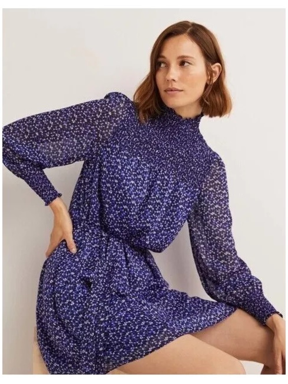 Boden Mara Bramble Blue Floral Sz 8 R Mock Neck Belted Lined Long Sleeve Dress‎